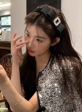 黑色双层蝴蝶结方锆发箍女富家千金水钻头箍气质赫本风高颅顶头饰