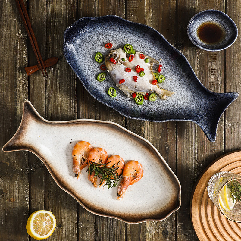 日式复古鱼型盘蒸鱼盘陶瓷创意餐具剁椒鱼头盘简约摆盘家用