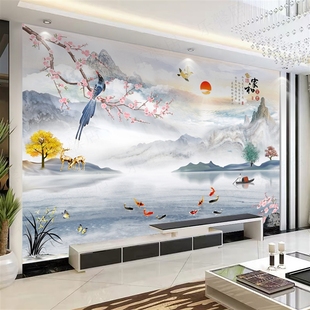 电视背景墙壁纸现代简约8d客厅山水壁布影视墙纸18d立体壁画 中式