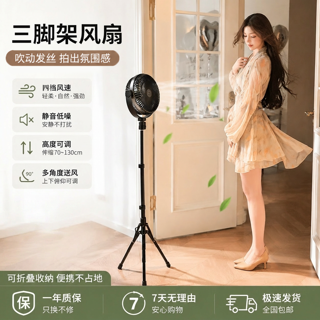 lemoistar户外拍摄专用风扇无线便携式超长续航立式三脚架吹发丝电风扇静音大风力usb充电小型摇头电扇