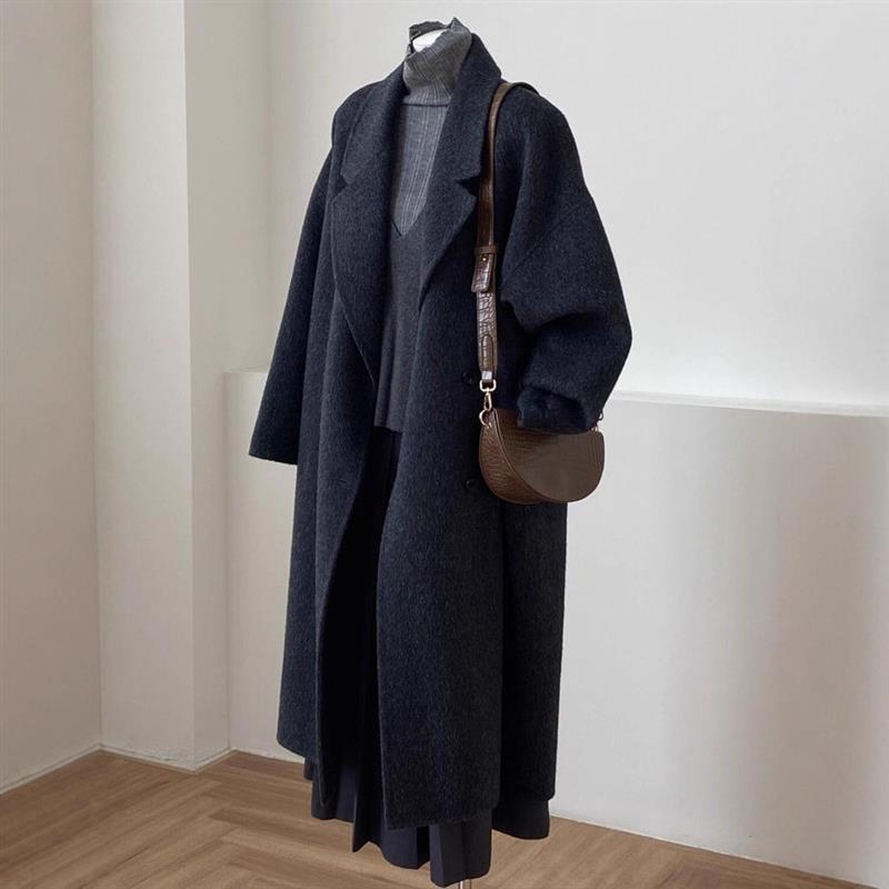 安可拉红灰色大衣小个子加绒2025新款秋冬高级外套韩系中长款呢子