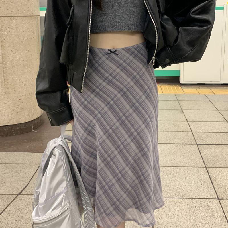 新款法式格纹纯欲复古高腰跨百搭撞色格子鱼尾裙子半身裙过膝