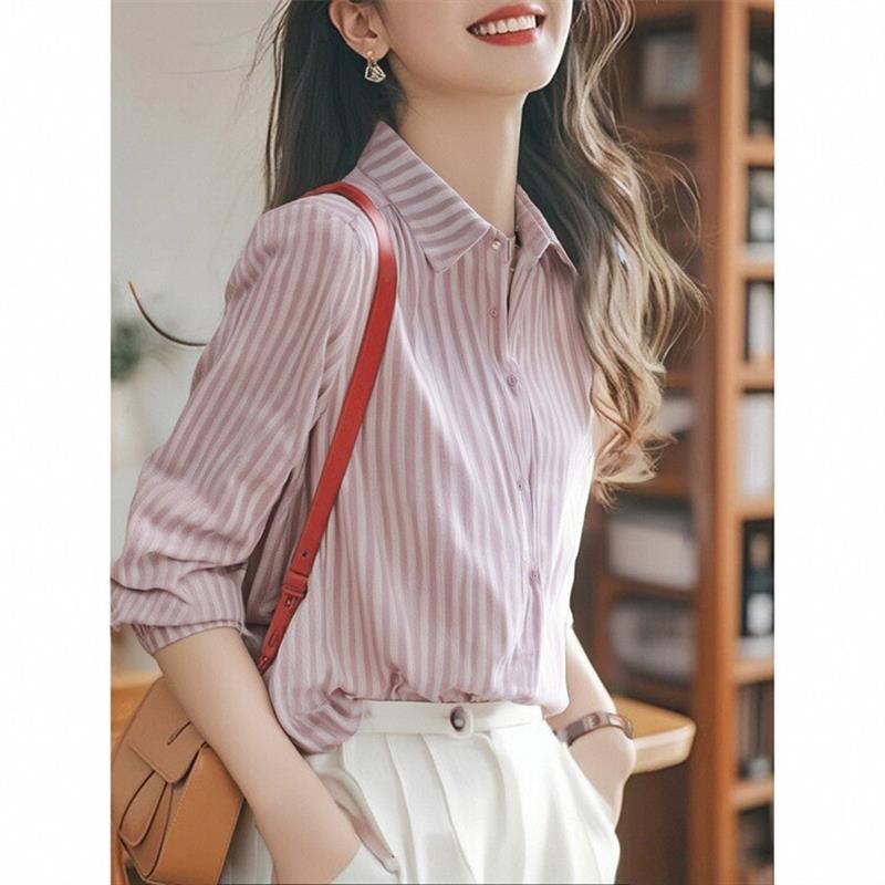 2025春季新款 条纹复古衬衫 翻领长袖休闲百搭女士开衫上衣纯棉
