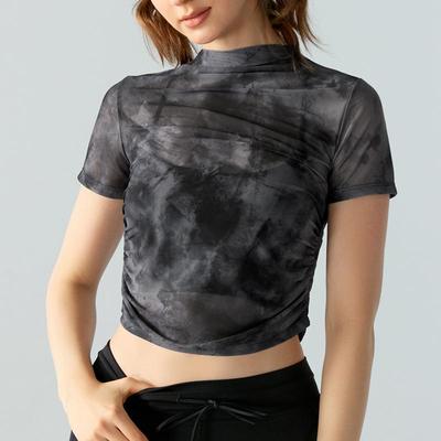 春季欧美时尚印花健身T恤女网纱褶皱瑜伽服短袖薄款内搭运动上衣
