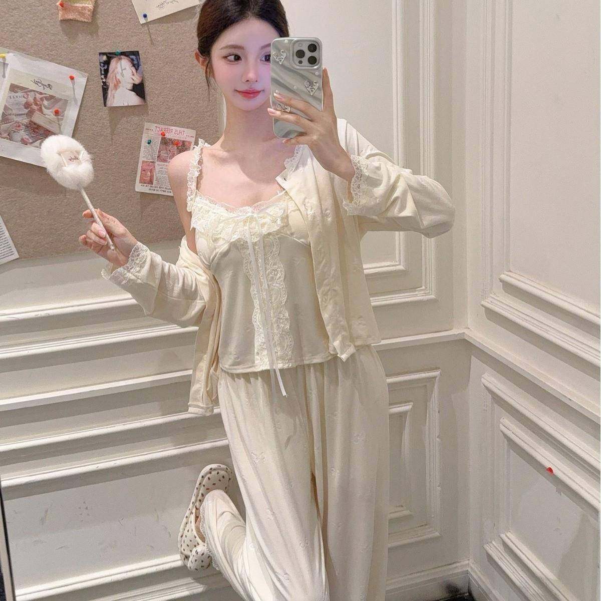 新款甜美纯欲女长袖莫代尔人棉三件套家居服套装性感蕾丝三件套,女士内衣/男士内衣/家居服,睡袍/浴袍,淘宝优惠券,粉丝福利购,淘宝优惠卷