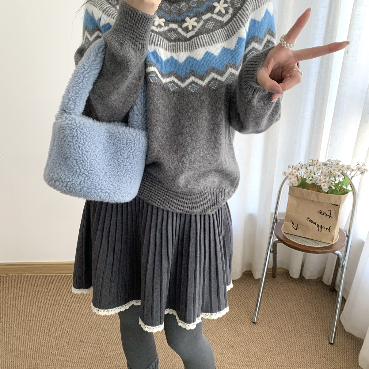 Loti-Fo-冬上新复古圆领宽松提花保暖毛衣（含41.7绵羊毛）M55902