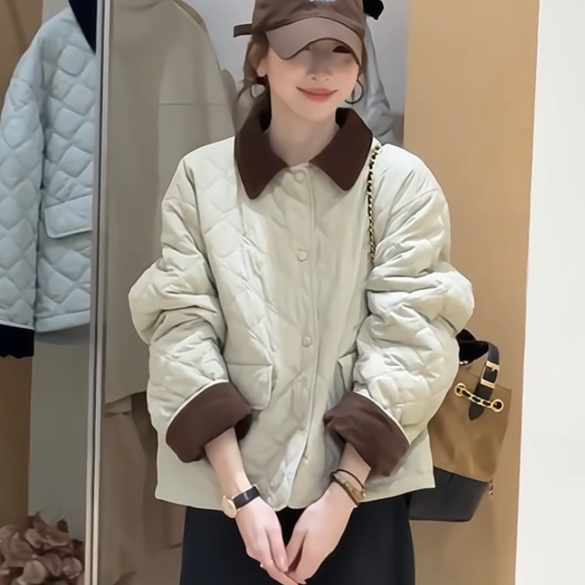 Y.JIA 伊嘉-搭时尚翻领撞色菱格短款夹棉外套保暖棉服外套1320-5