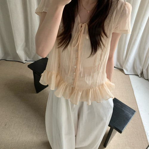 Hand made-26夏上新清新气质抽褶花边短袖小衫8700