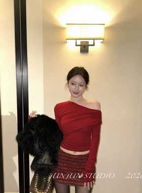 JUNJUN-STUDIO-早春性感辣妹修身长袖上衣+亮片包臀半裙套装2910