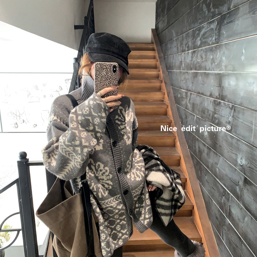 nice edit-韩系费尔岛慵懒松弛开衫保暖毛衣ZZ1367