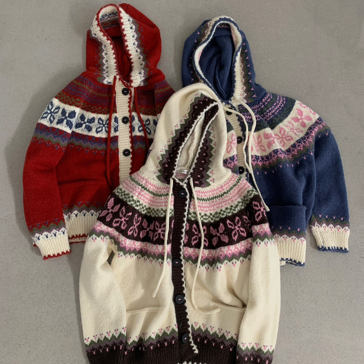 LOVELY-冬日费尔岛OVEY复古提花连帽开衫加厚保暖毛衣M3989