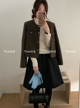 THANKQ-冬上新小香风翻领短款撞色线迹毛边设计感短外套25667