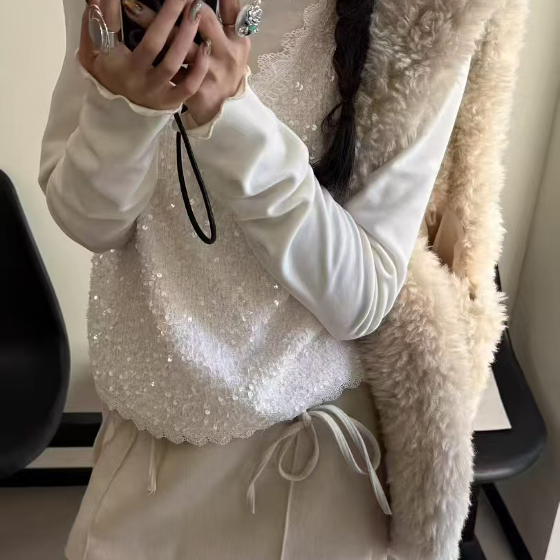 小姐-扉～香香爆款韩系亮片马甲背心+半高领打底长袖T恤套装2182