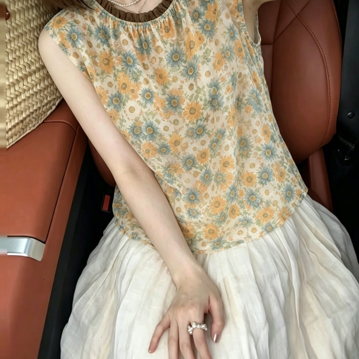 TOO家-自然麻2026苎麻夏新款背心碎花无袖木耳边上衣小衫26561XQ