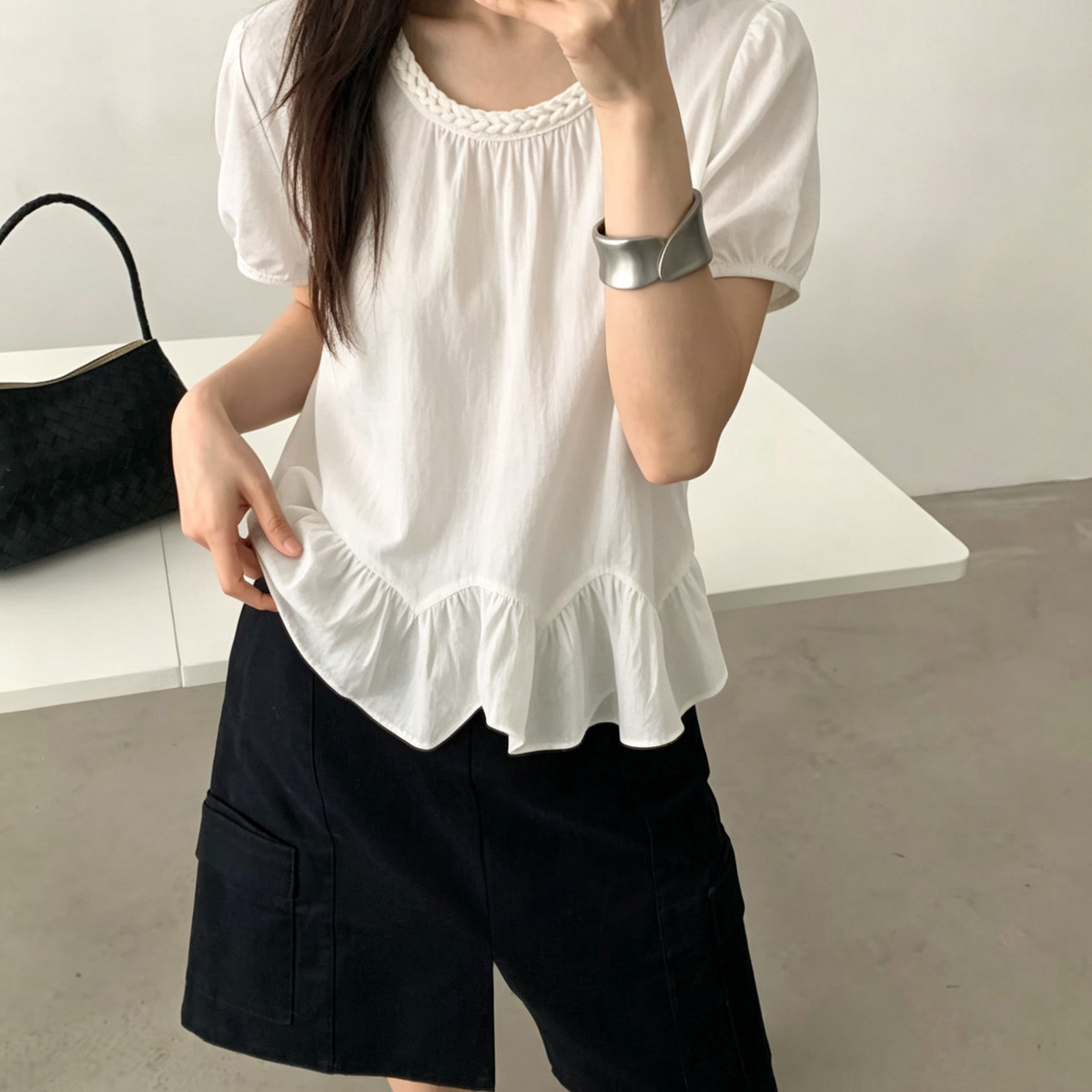 BLANK-26夏上新夏装麻花领泡泡袖小衫（含18棉料）(不含项链)9111