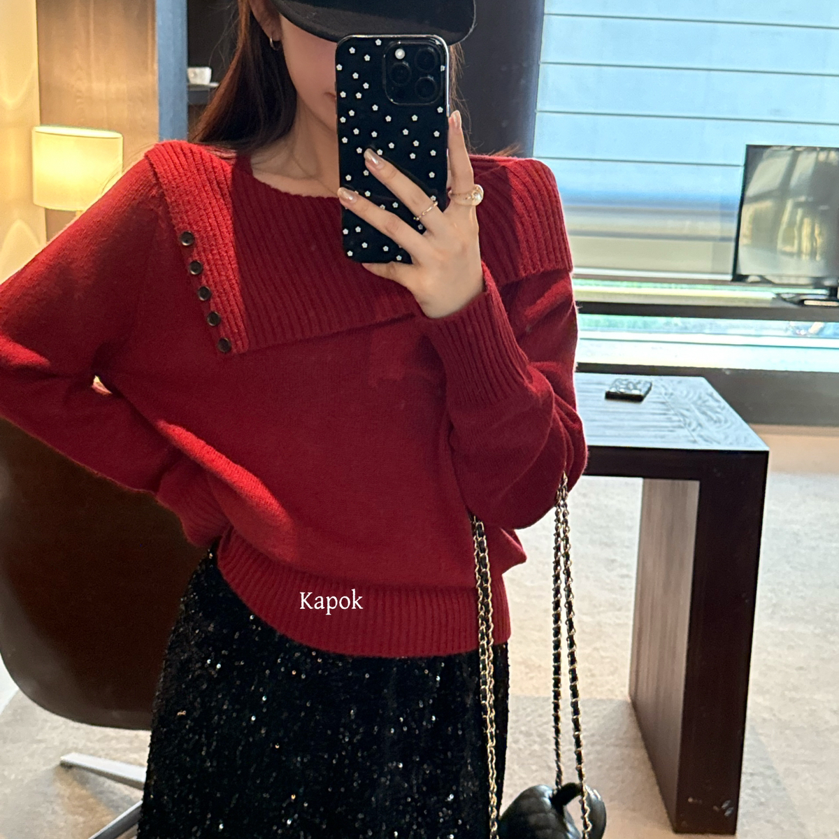 APOK-氛围感不规则设计感斜肩套头保暖毛衣（含3.9绵羊毛）25F863