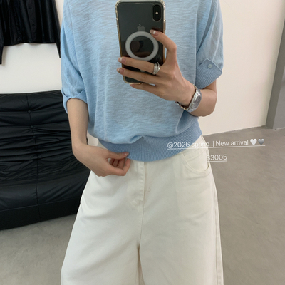 SUGAR-新高级感斜肩气质卷边袖显瘦百搭短袖针织衫(无配件)A33005