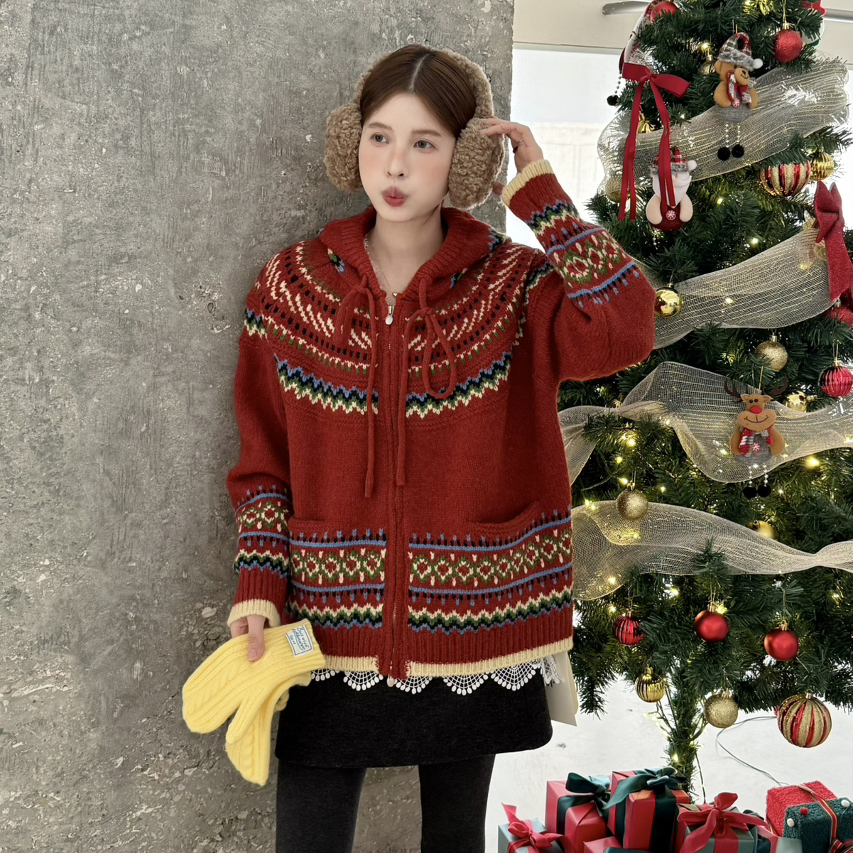 VI+（唯一家）-可爆了连帽加厚复古费尔岛拉链外套保暖毛衣50665