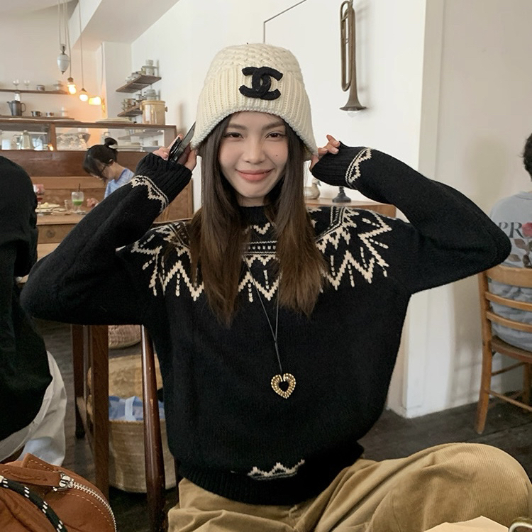 bella1998-复古费尔岛黑色套头冬季新款慵懒提花针织衫80058