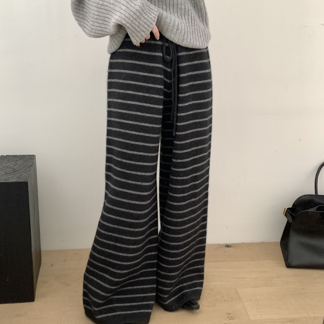 LO-新韩版浣熊条纹百搭糯米阔腿裤加绒休闲裤（含8.9绵羊毛）8907