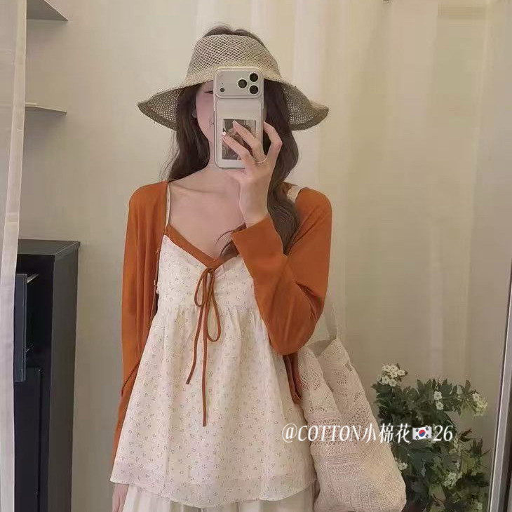小棉花-色针织开衫+碎花吊带背心两件套套装(不含下装+包包)26105