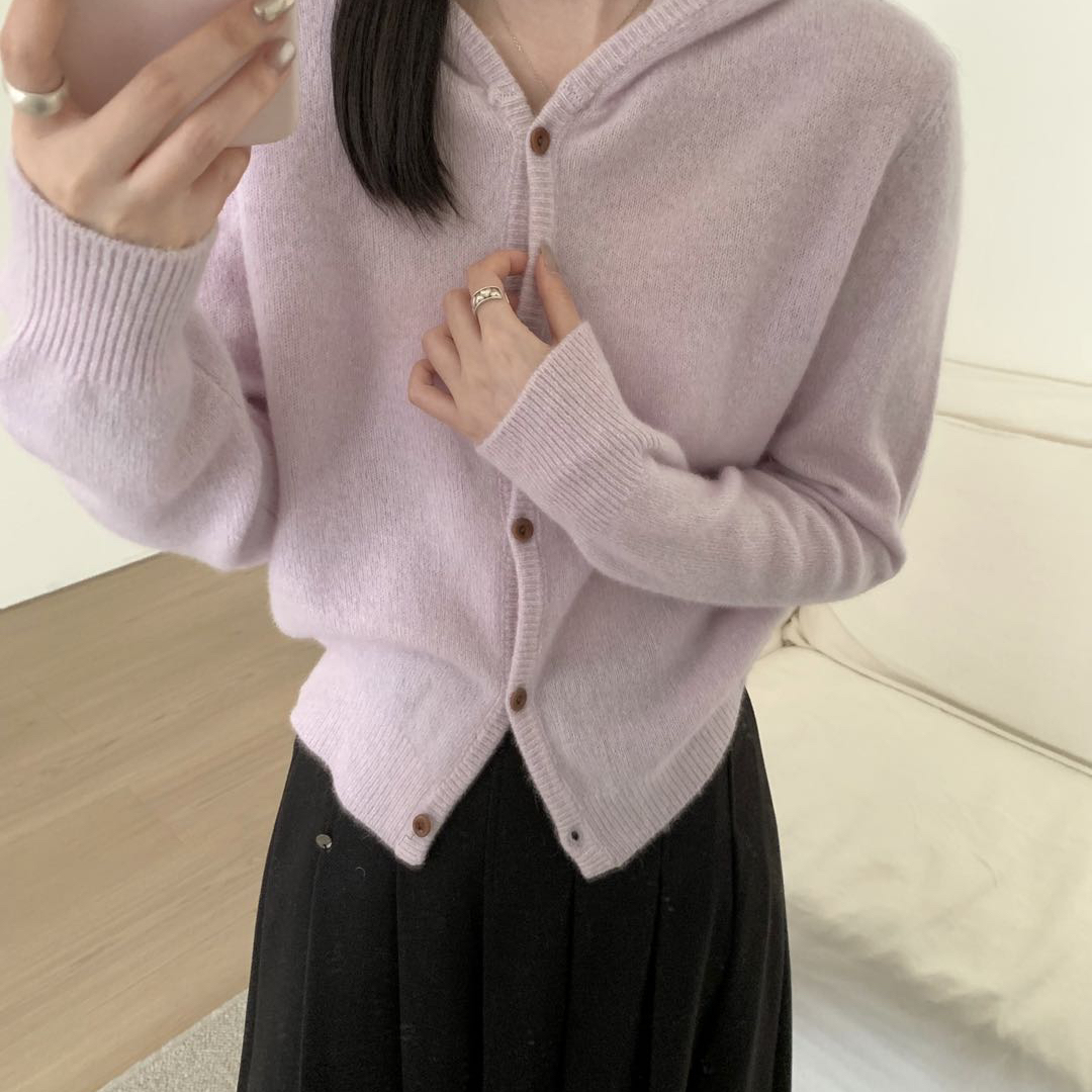 TOMORROW感～韩系简单清新单排木扣连帽毛衣含736绵羊毛YH955