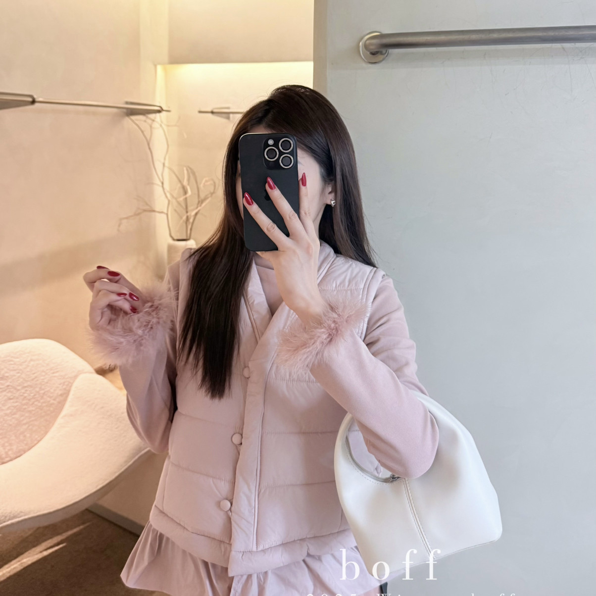 boff-冬上新时尚简约经典排骨v领棉服保暖外套马甲86702