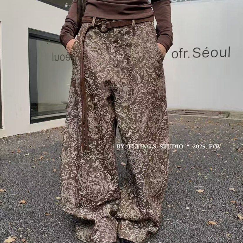 FLYINGS早秋上新复古印花宽松阔腿裤提花牛仔裤配腰带YY9888