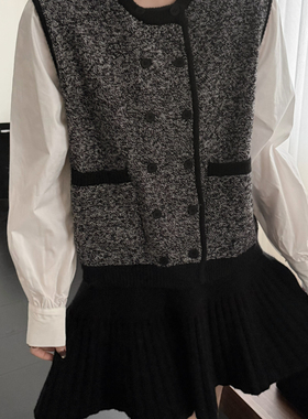 媞宝-香风撞色口袋排扣衬衫假两件针织开衫（含51.3绵羊毛）75165