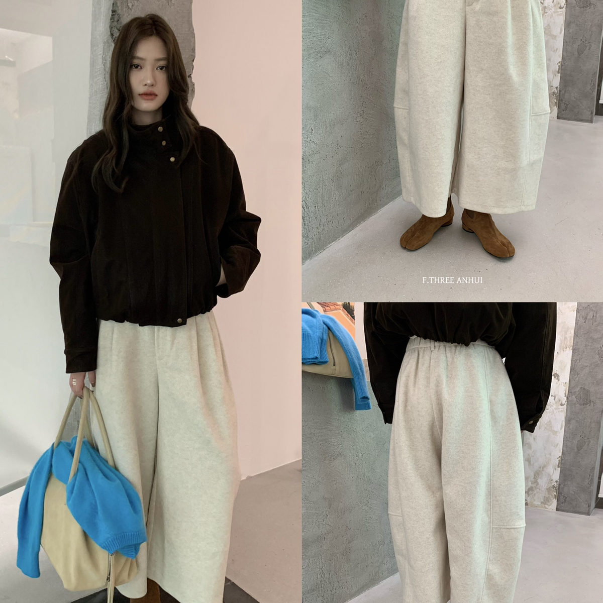 F.THREE三姐妹-新韩系休闲阔腿显瘦毛呢秋冬百搭九分休闲裤96070