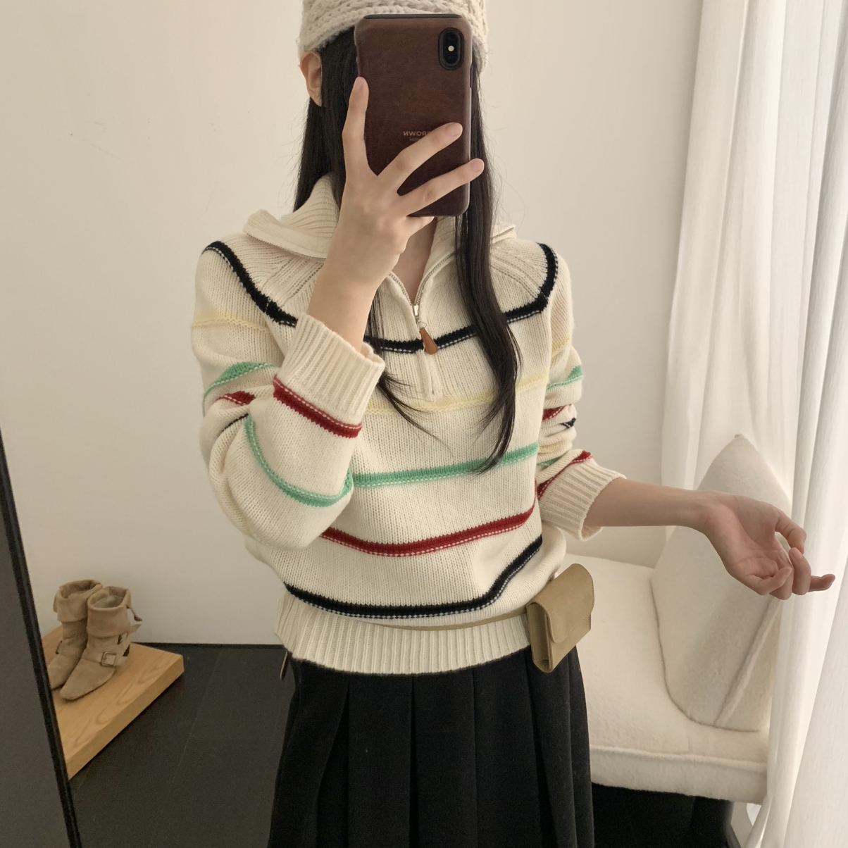 SHEEP.-韩系全毛彩条半拉链保暖毛衣(含100绵羊毛)2682058