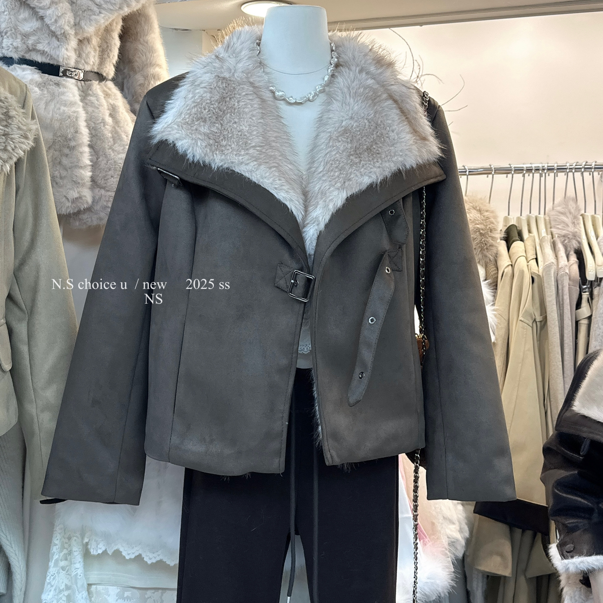 NS CHOICE U-上新美式复古毛毛内里保暖麂皮大翻领气质短外套8933