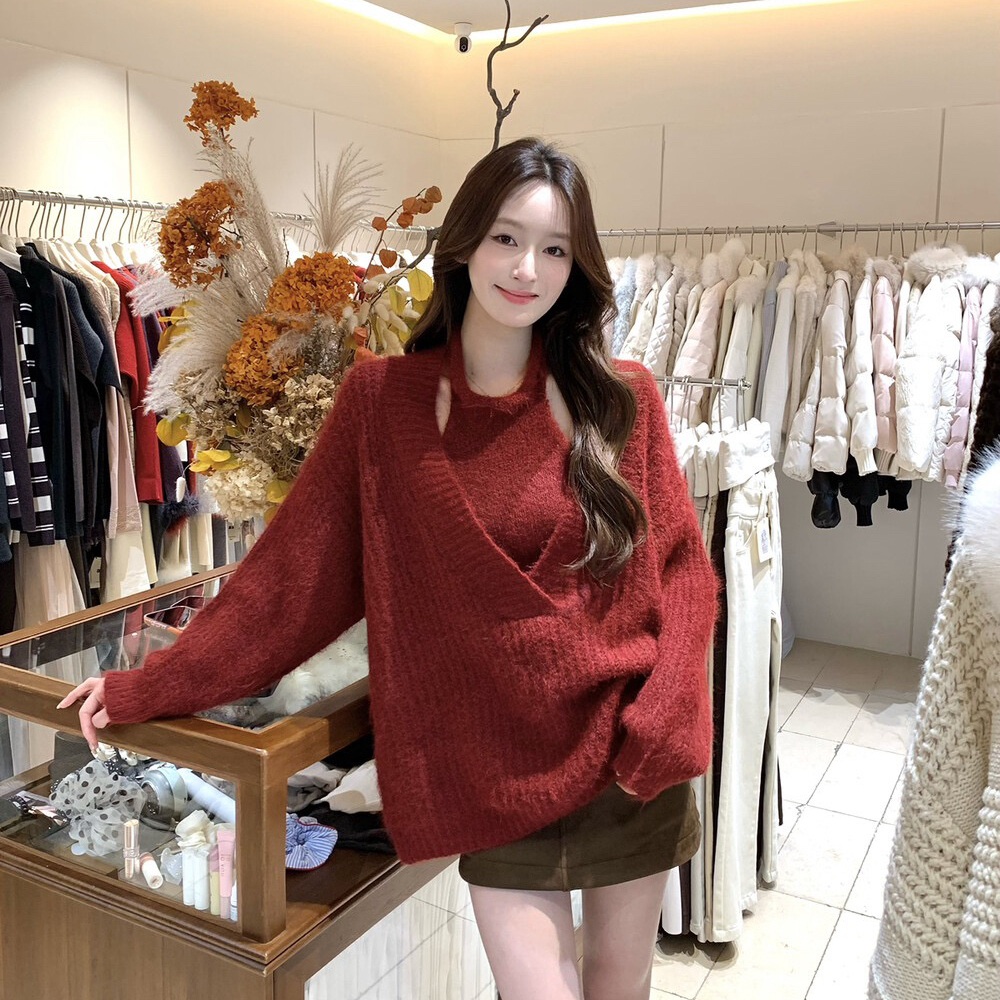 ONLY-挂脖简约无袖背心+V领大版百搭毛衣两件套套装(配胸针)15907