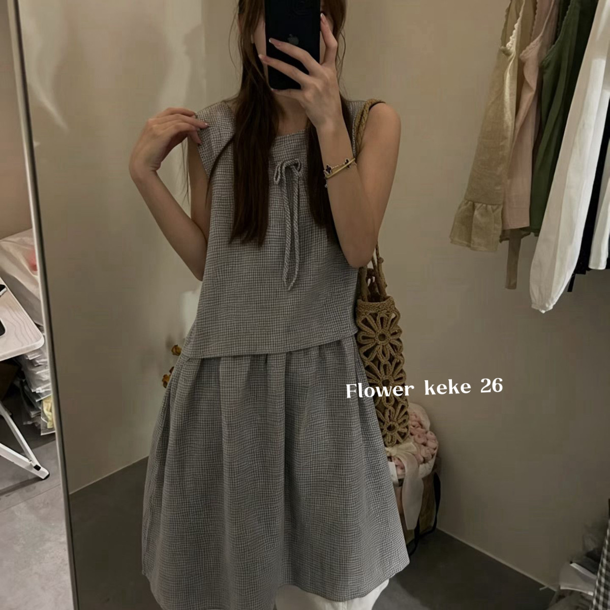 Flower keke-格纹背心裙夏日显高中长裙抽褶显瘦裙子连衣裙HHbd98