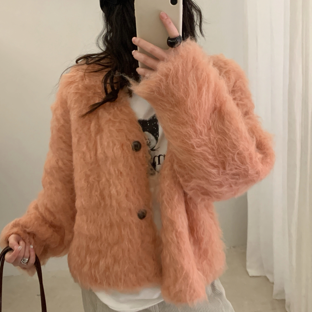 nd Time-V领慵懒风羊毛圈圈拉毛开衫保暖毛衣（含8.6羊毛）L61162