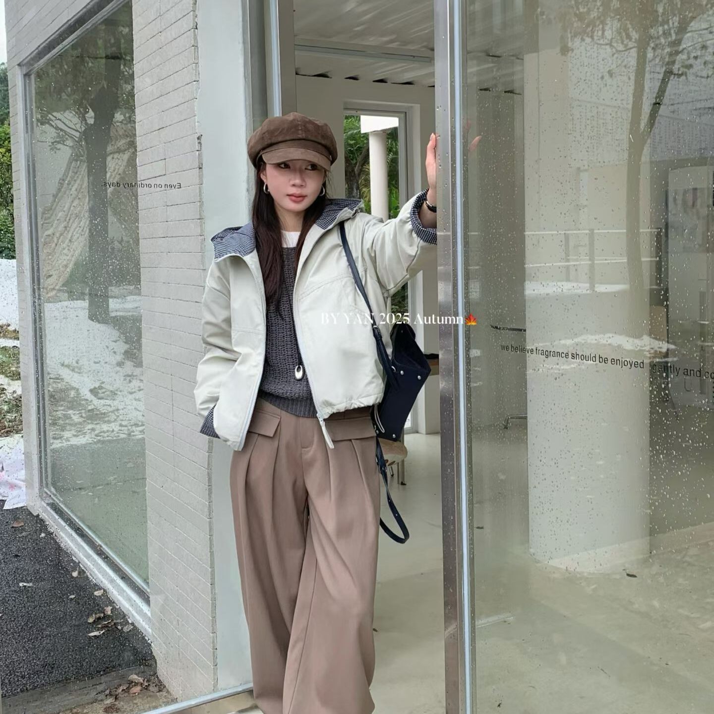 BY YAN 冰扬-冬上新韩系袖口帽子拼接格行棉连帽冲锋衣棉服6110