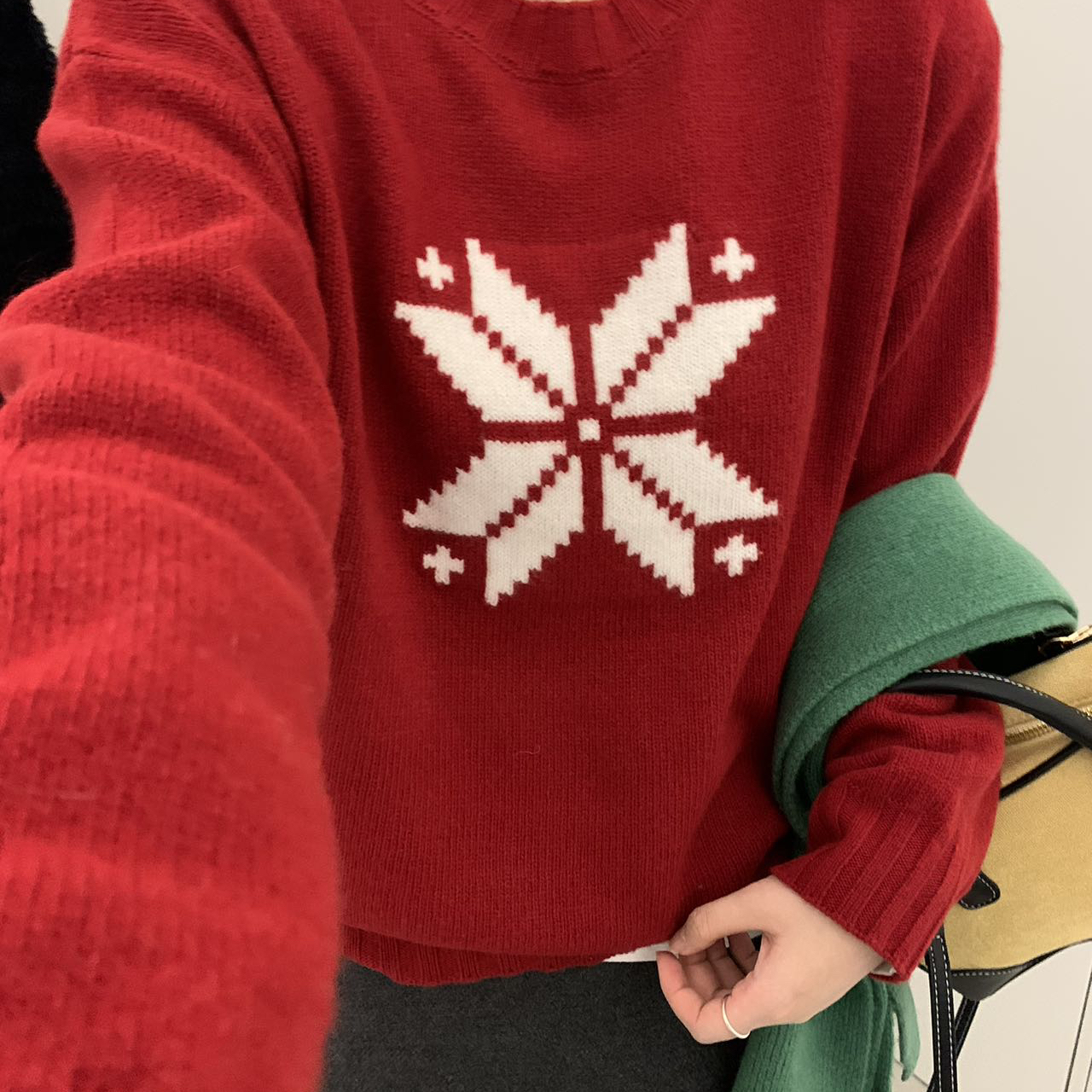 可可-图案提花圆领宽松长袖百搭洋气针织衫毛衣(含100绵羊毛)7611