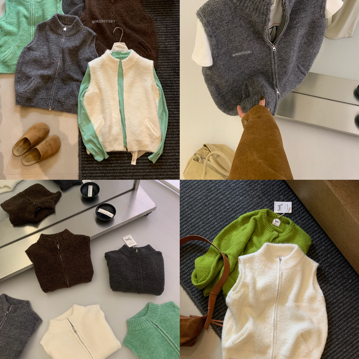 ZI STUDIO韩标羊毛修身中立领拉链口袋针织马甲(含8羊毛)25822