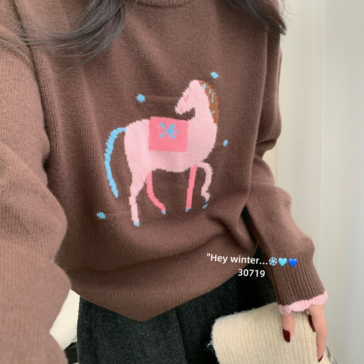 GAR-撞色小马提花洋气宽松显瘦百搭保暖毛衣（含100绵羊毛）30719