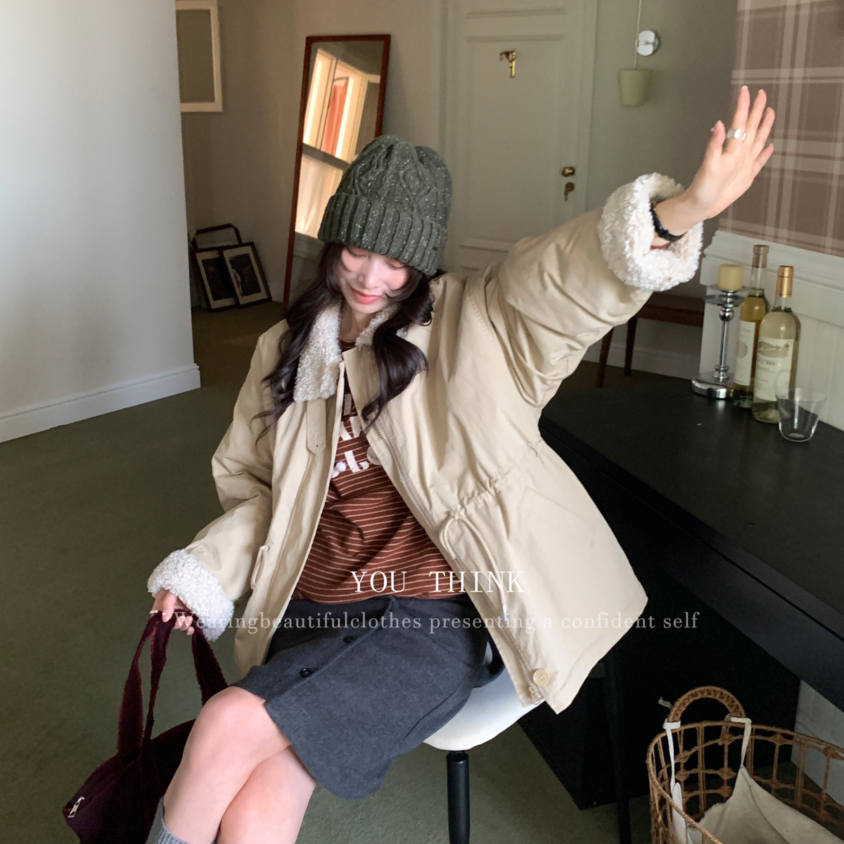 You Think-ns风时尚通勤翻领仿羊羔绒加厚保暖中长款短外套YT1509