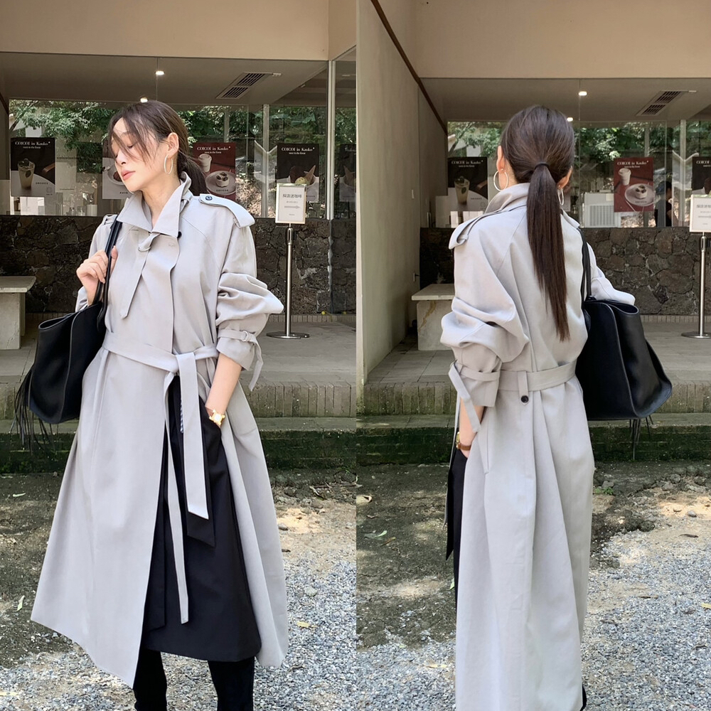 FTHREE三姐妹新高级感韩系宽松显瘦简约长款风衣配腰带99079a