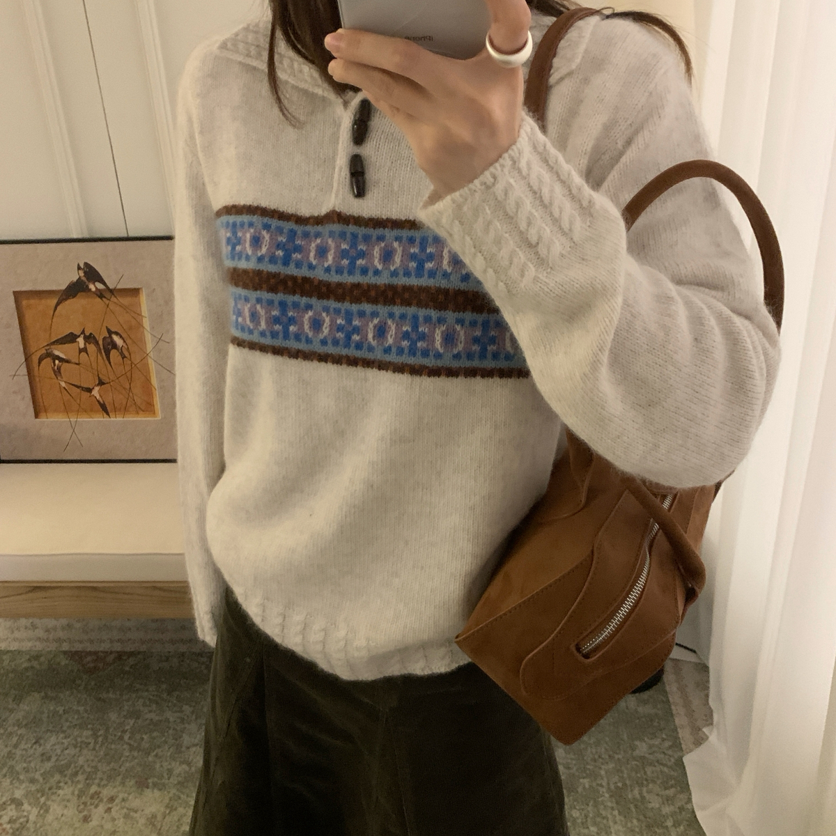 YAR-冬上新Wool翻领提花费尔岛套头衫保暖毛衣（含10.5兔绒）0996