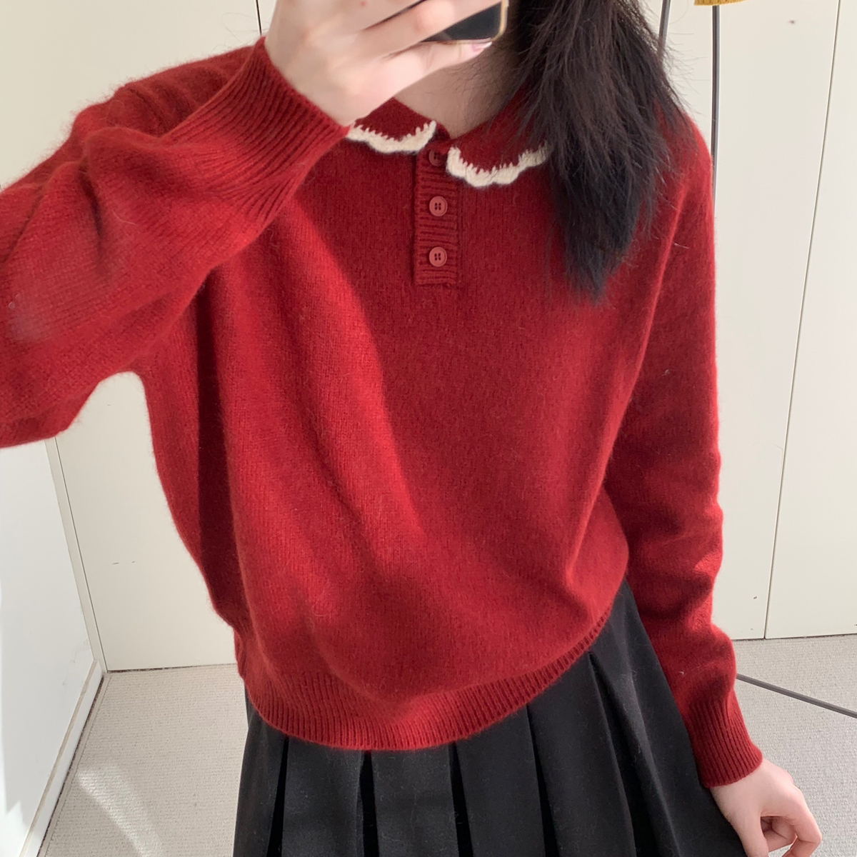 MUUTIS牧缇-娃娃领半排扣宽松阿拉善骆驼毛衣(含50.6绵羊毛)LD88&