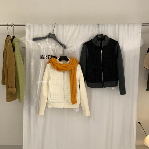 MZI STUDIO-拼接袖小方格拉链口袋酷帅保暖夹克129026#