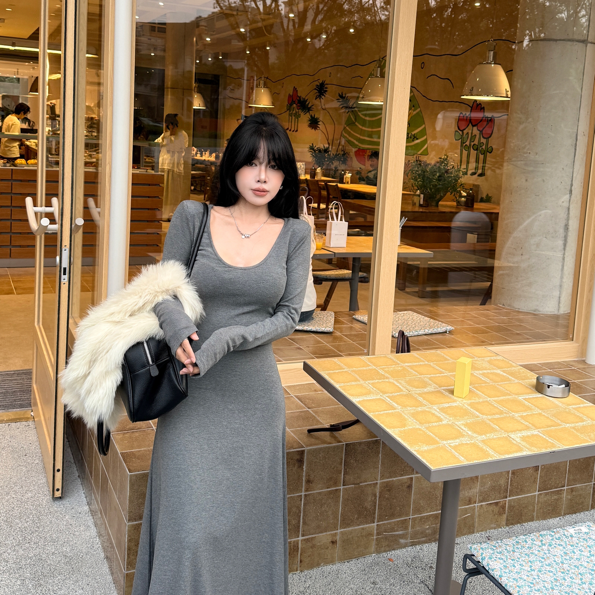 ALA-冬上新洋气小女人百搭加绒磨毛长裙连衣裙9167-