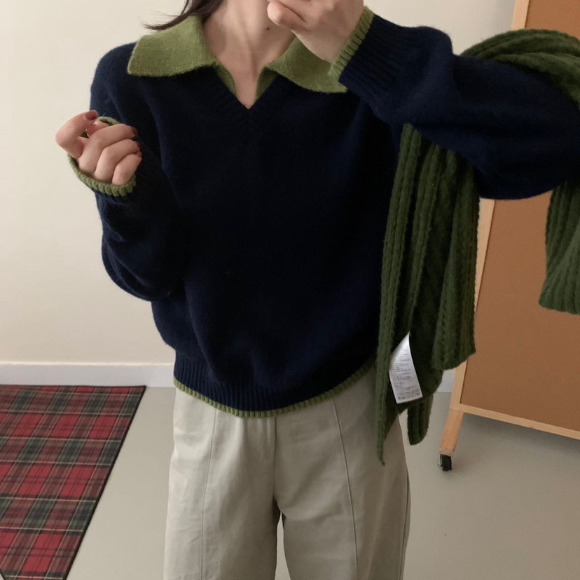 ALLOO-冬上新拼色翻领套头保暖毛衣xh7735