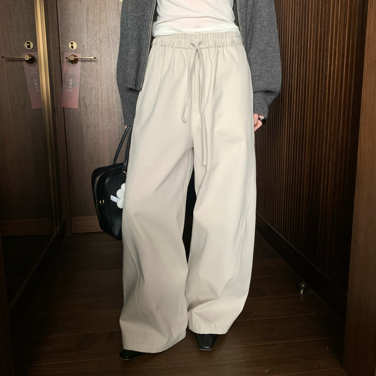 TABLE-款新款时尚复古水洗棉松紧腰抽绳高腰百搭显瘦休闲裤35057