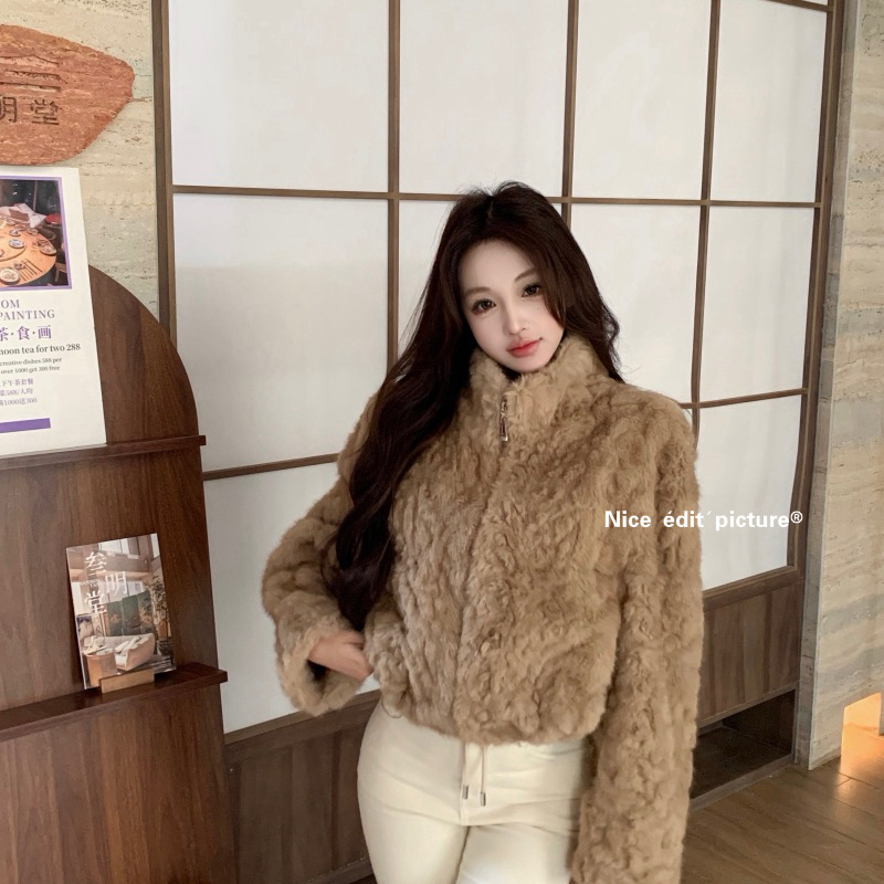 nice edit-韩系软糯保暖立领仿皮毛一体短外套W6214