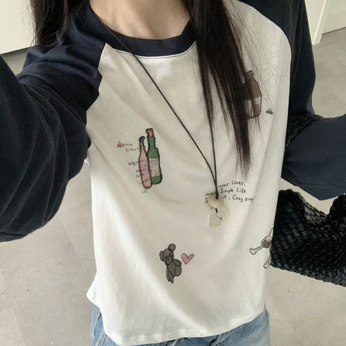 YJ.SIMPLE-撞色拼接刺绣趣味防晒长袖T恤6851