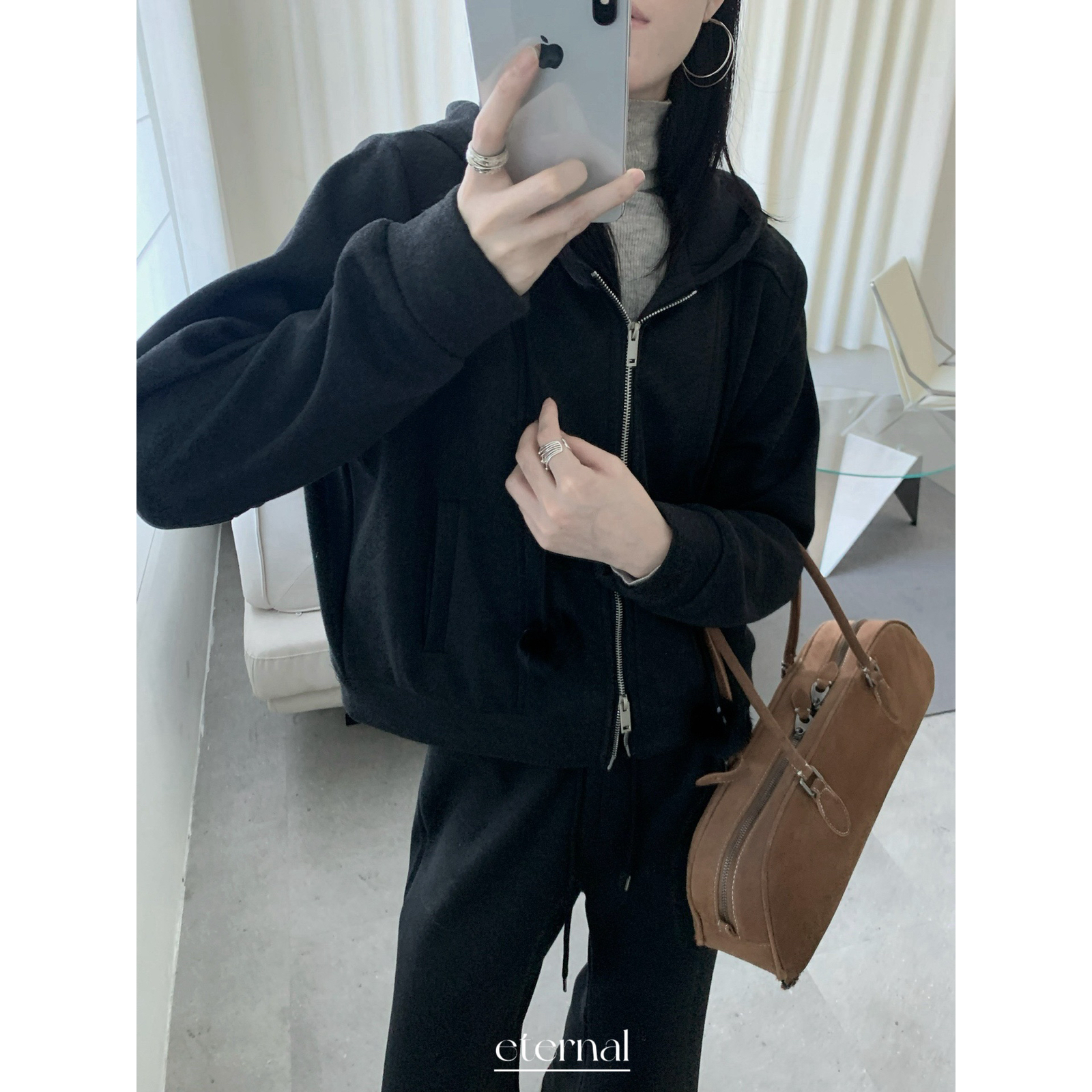 eternal.西子-连帽加绒短款百搭毛球双头拉链卫衣外套短外套51737